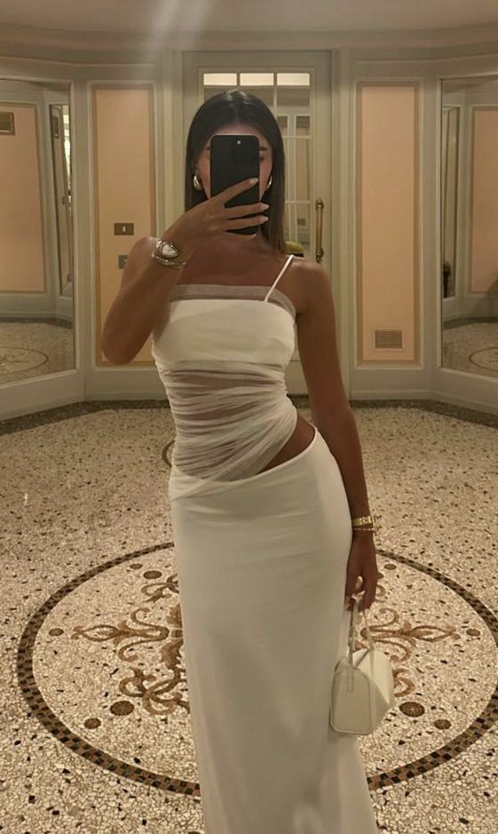 Sexy 2 Pieces Spaghetti Straps White Floor Length Evening Dress Prom Dresses