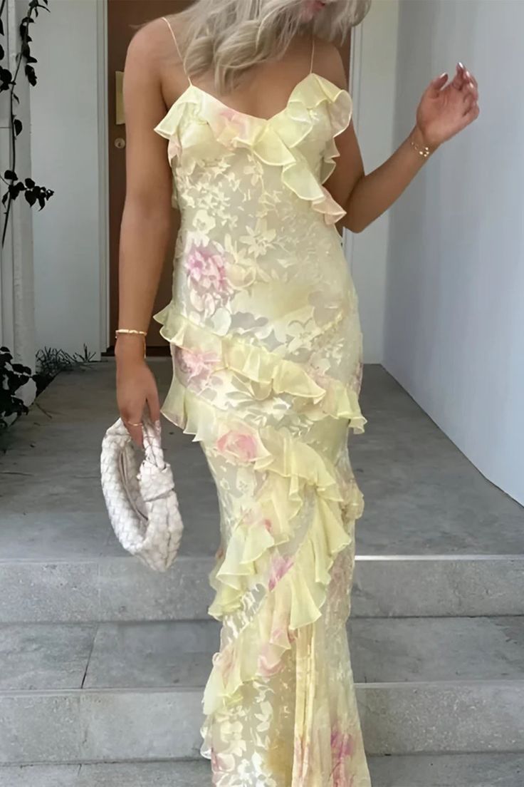 Sexy Mermaid Spaghetti Straps Floor Length Floral Yellow Chiffon Evening Dress Lace Prom Dresses