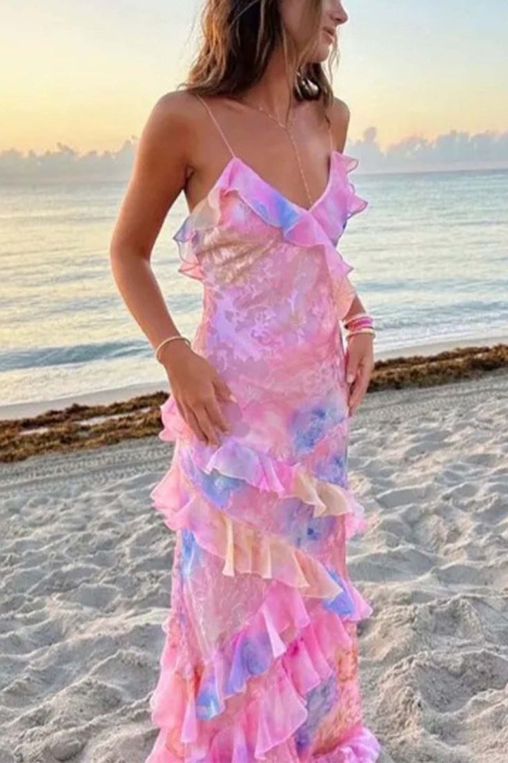 Sexy Mermaid Spaghetti Straps Floor Length Floral Pink Chiffon Evening Dress Lace Prom Dresses