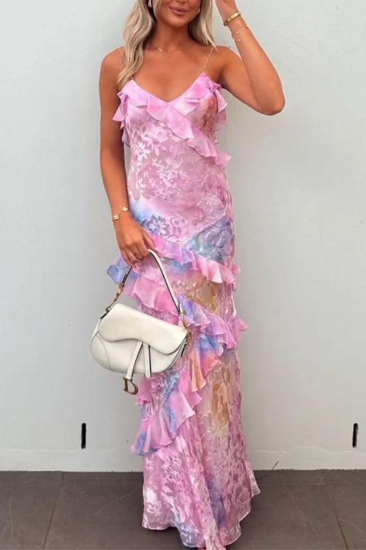 Sexy Mermaid Spaghetti Straps Floor Length Floral Pink Chiffon Evening Dress Lace Prom Dresses