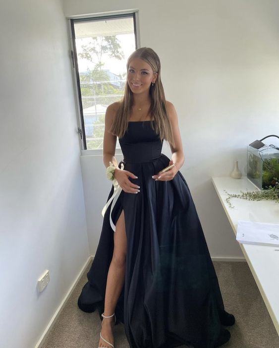 Pretty A Line Strapless Black Satin Evening Dress With Split Prom Dresses