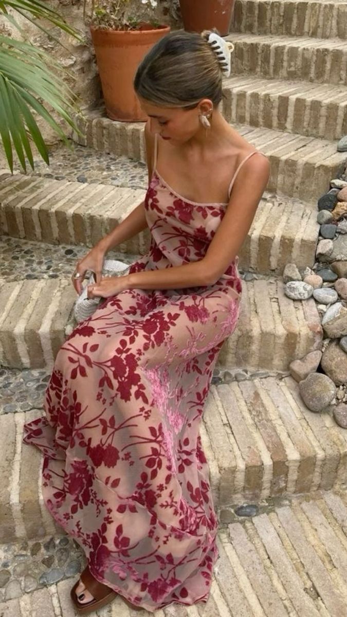 Sexy A Line Spaghetti Straps Floor Length Floral Evening Dress Prom Dresses