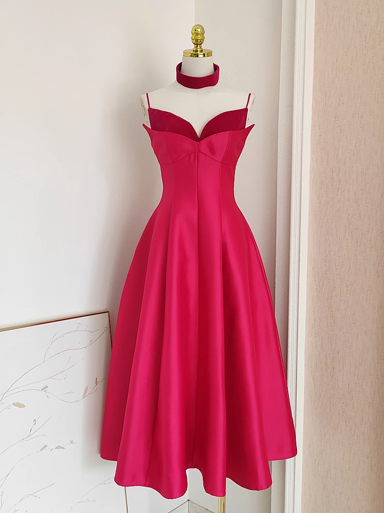 Sexy A line Spaghetti Straps Hot Pink Vacation Dress Satin Women Dresses