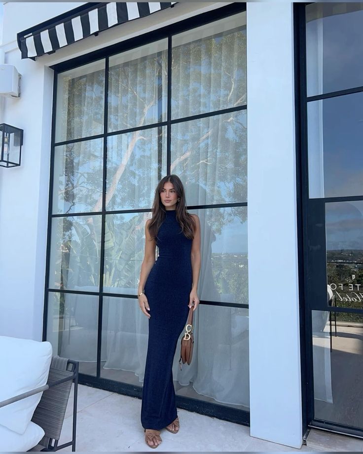 Pretty Sheath High Neckline Navy Blue Satin Evening Dress Prom Dresses