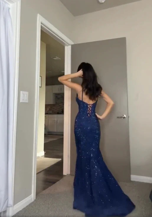 Pretty Sheath Spaghetti Straps Royal Blue Slit Long Evening Dress Prom Dresses