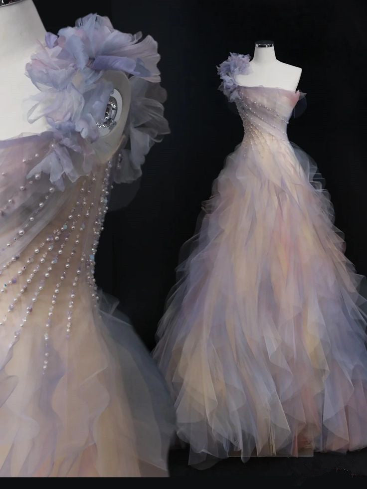 Retro Ball Gown One Shoulder Ruffles Tulle Long Evening Dress Prom Dresses