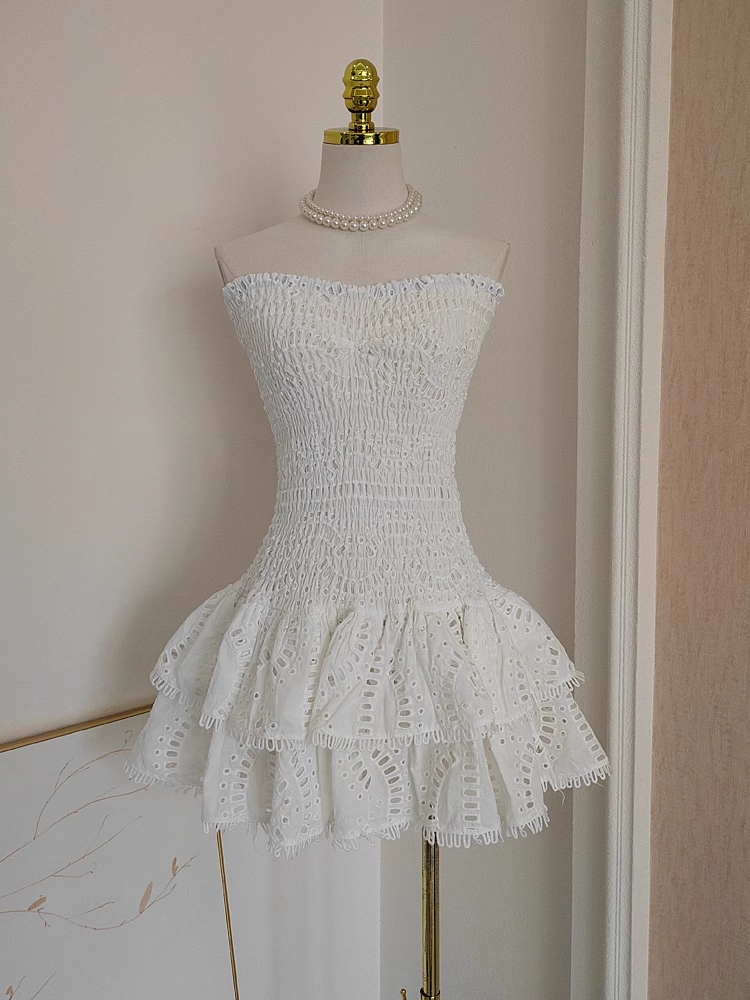 Cute Sheath Strapless White Lace Vacation Dress Short Birthday Dresses
