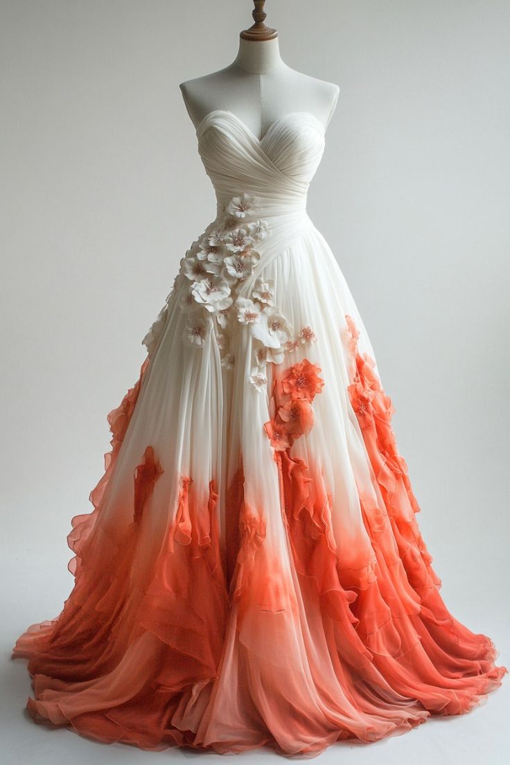 Aesthetic Ball Gown Sweetheart Orange Ombre Chiffon Evening Dress Prom Dresses