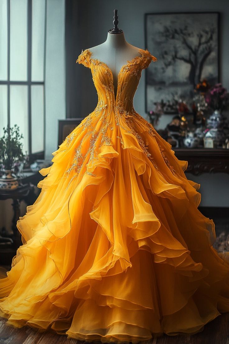 Aesthetic Ball Gown Off The Shoulder Yellow Tulle Party Dress Long Prom Dresses Evening Dresses