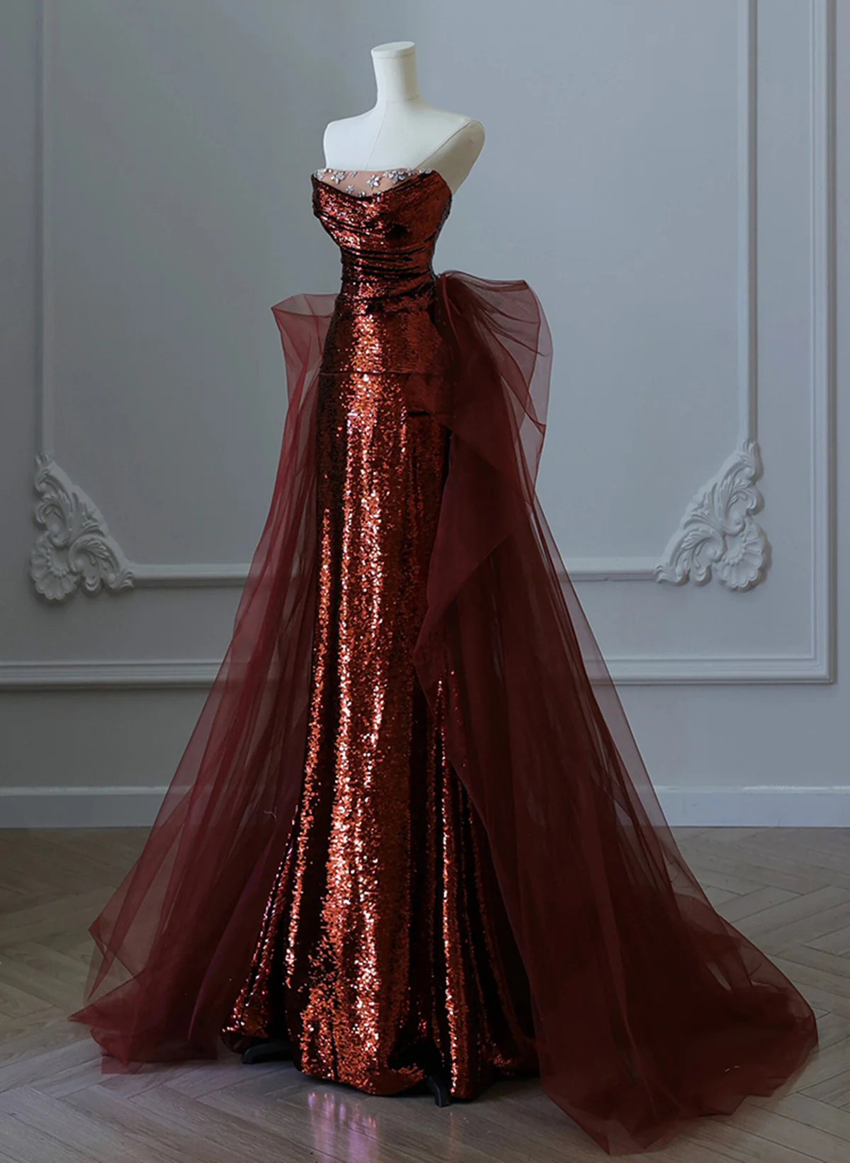 Modest Mermaid Strapless Burgundy Floor Length Evening Dress Sequin Prom Dresses