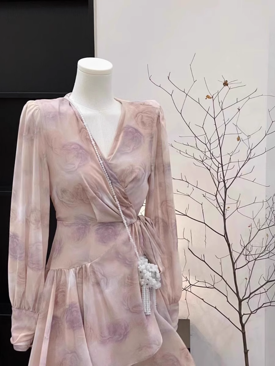Cute A line V-neck Ruffled Floral Short Women's Long Sleeve One-Piece Women Dresses