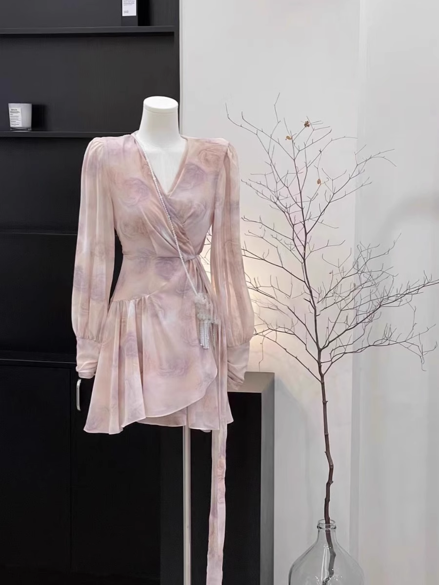 Cute A line V-neck Ruffled Floral Short Women's Long Sleeve One-Piece Women Dresses