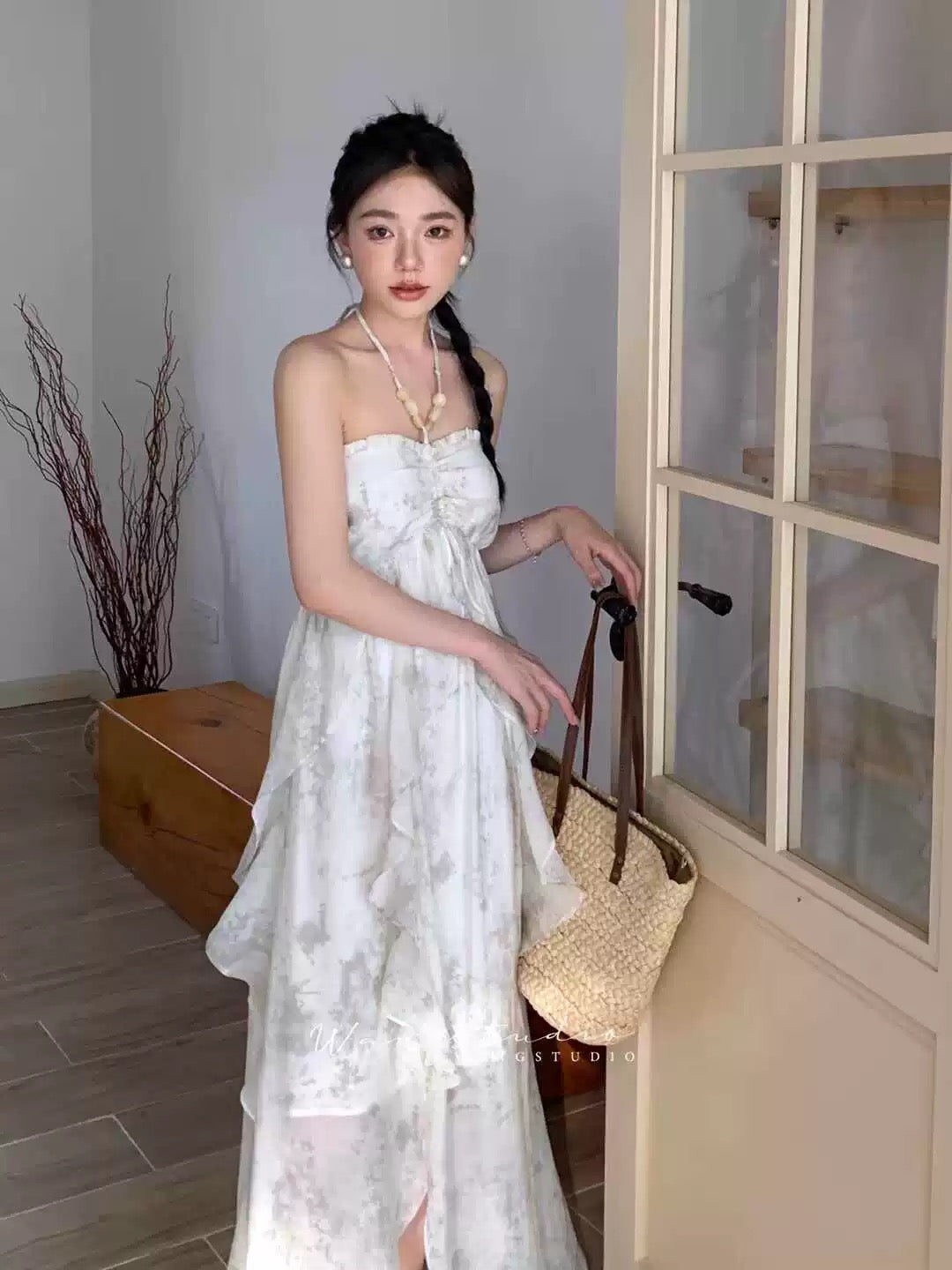 Cute A line Halter Ruffled Floral Blue Women's Long Vacation Dresses