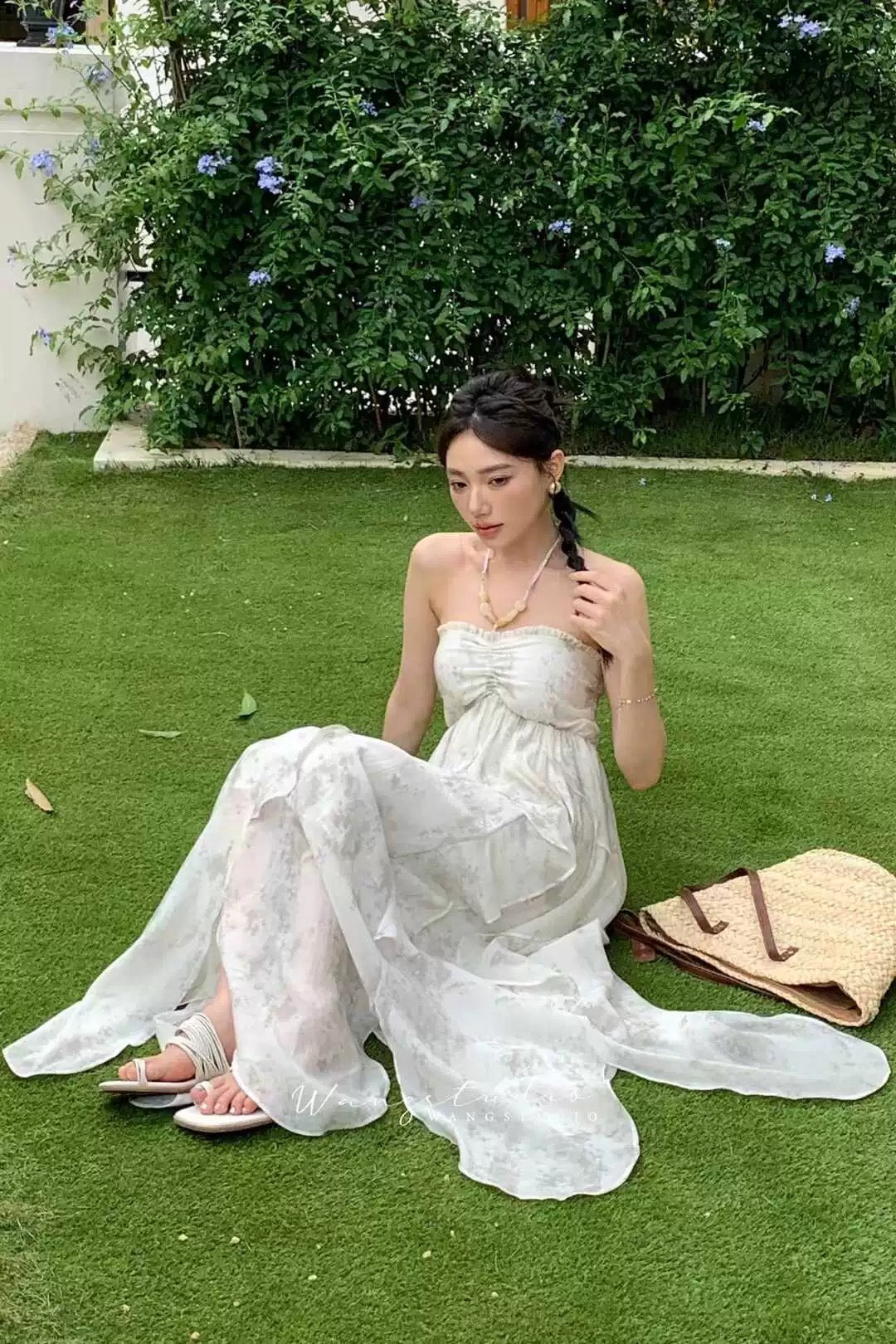 Cute A line Halter Ruffled Floral Blue Women's Long Vacation Dresses