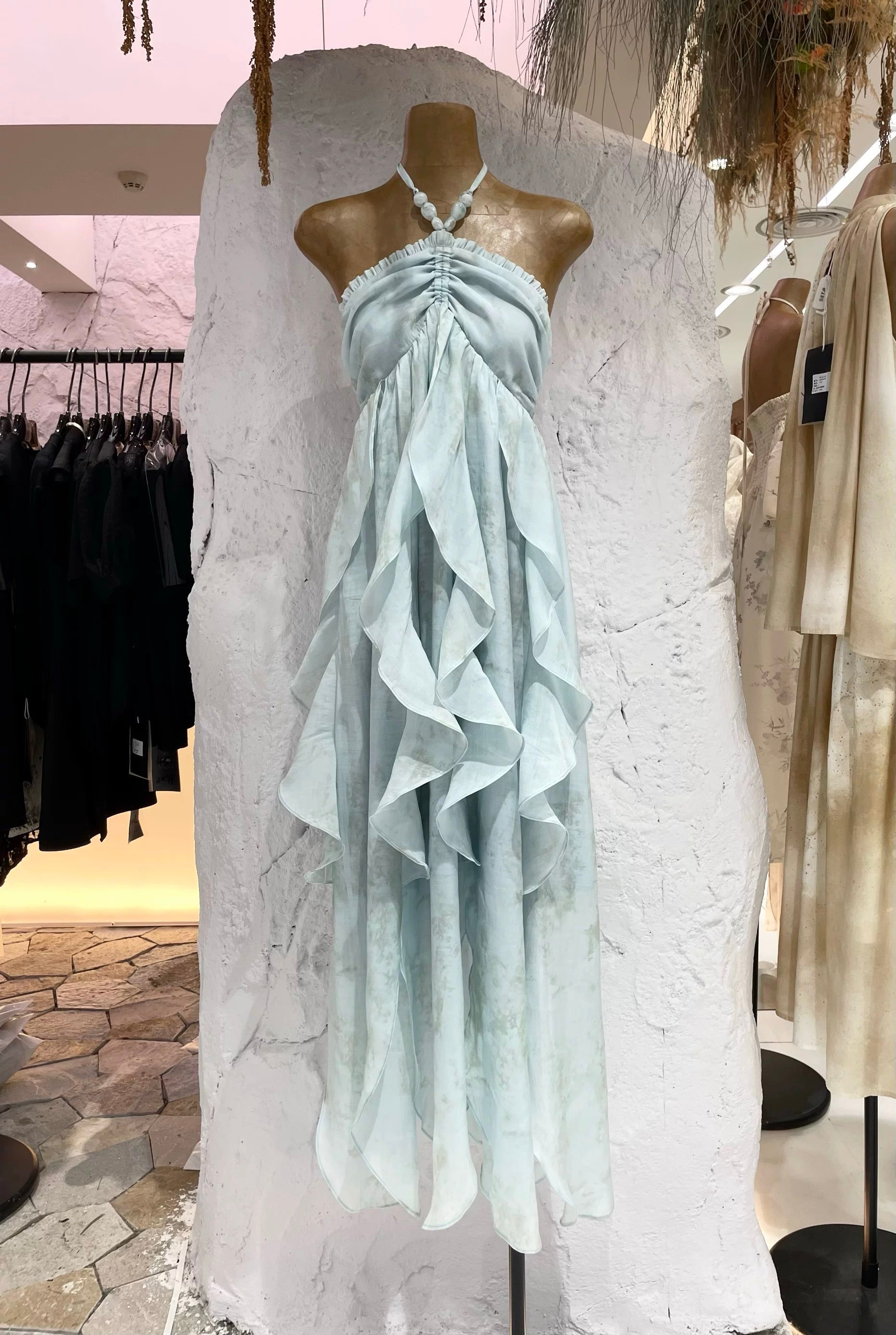Cute A line Halter Ruffled Floral Blue Summer Holiday Dress Women's Long Vacation Dresses