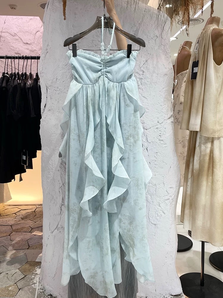 Cute A line Halter Ruffled Floral Blue Summer Holiday Dress Women's Long Vacation Dresses