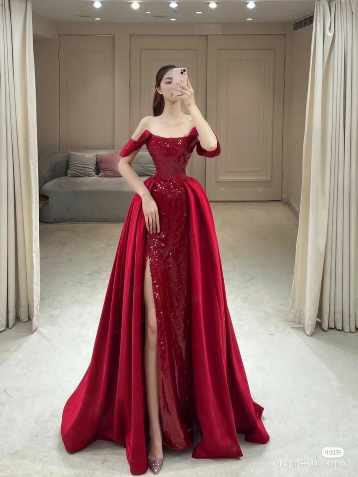 Classy Mermaid Off The Shoulder Red Long Party Dress Sequin Prom Dresses