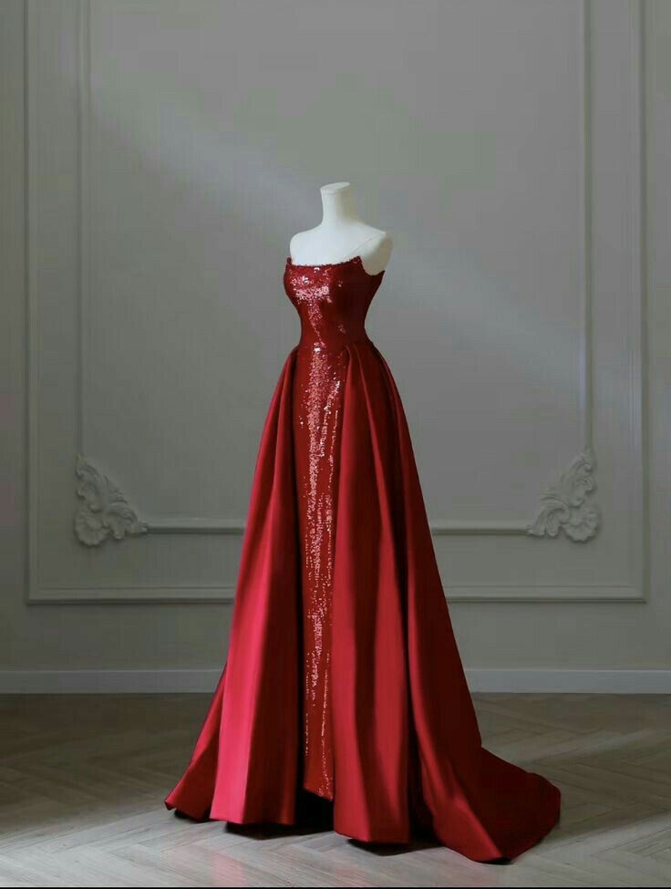 Modest Mermaid Strapless Red Floor Length Evening Dress Sequin Prom Dresses