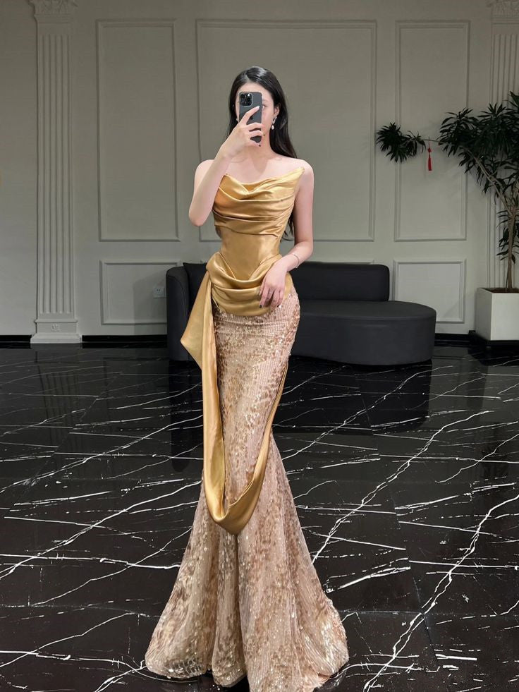 Sexy Mermaid Strapless Gold Satin Long Prom Dresses Evening Gowns