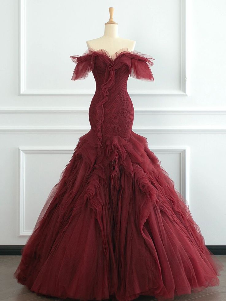 Classy Mermaid Off The Shoulder Burgundy Tulle Long Party Dress Prom Dresses