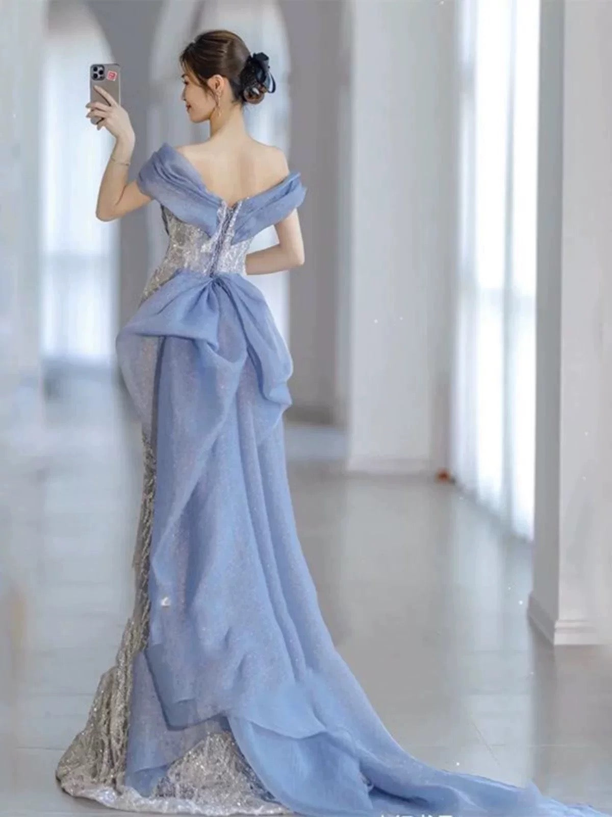Classy Mermaid Off The Shoulder Blue Sequin Long Party Dress Prom Dresses
