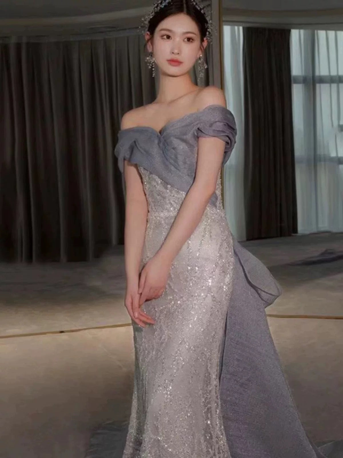 Classy Mermaid Off The Shoulder Blue Sequin Long Party Dress Prom Dresses