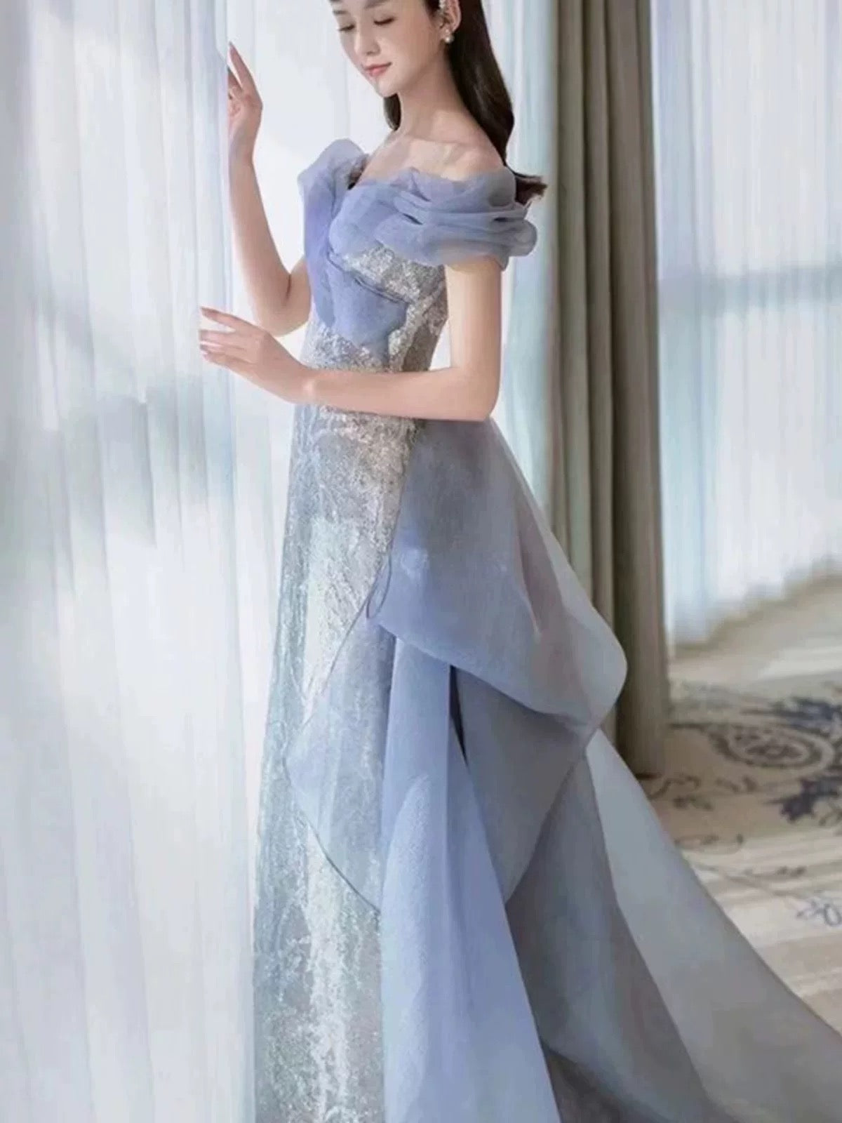 Classy Mermaid Off The Shoulder Blue Sequin Long Party Dress Prom Dresses