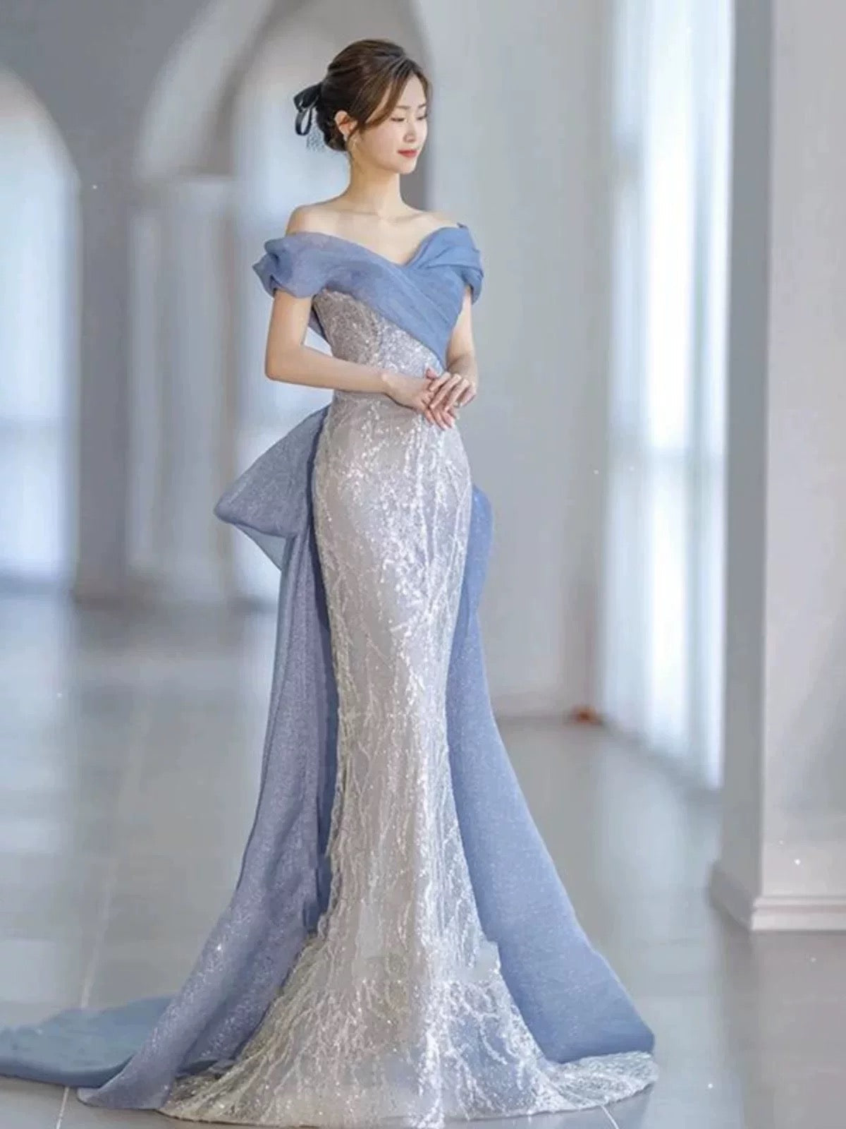 Classy Mermaid Off The Shoulder Blue Sequin Long Party Dress Prom Dresses