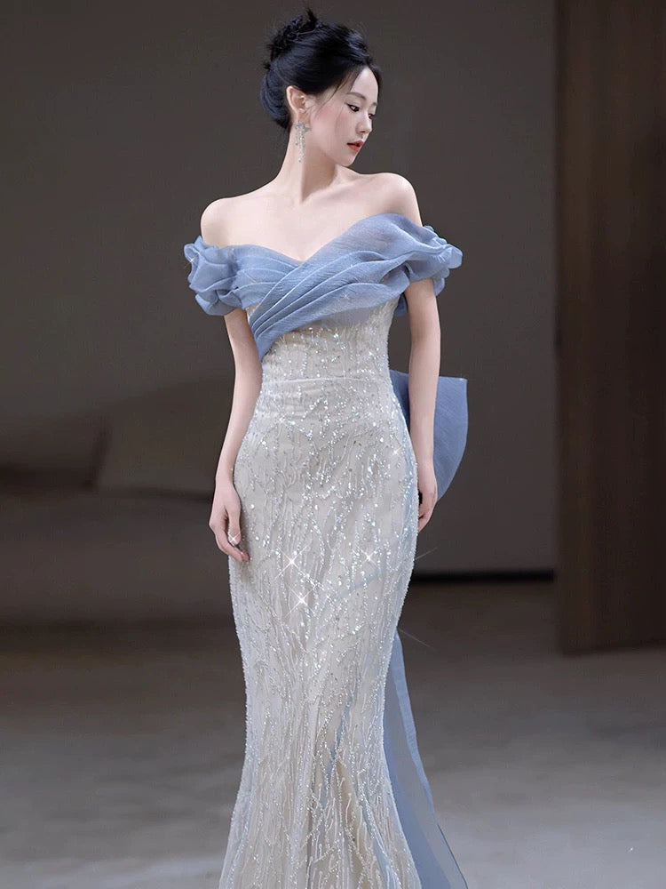 Classy Mermaid Off The Shoulder Blue Sequin Long Party Dress Prom Dresses