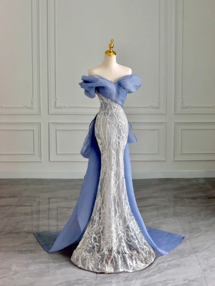 Classy Mermaid Off The Shoulder Blue Sequin Long Party Dress Prom Dresses