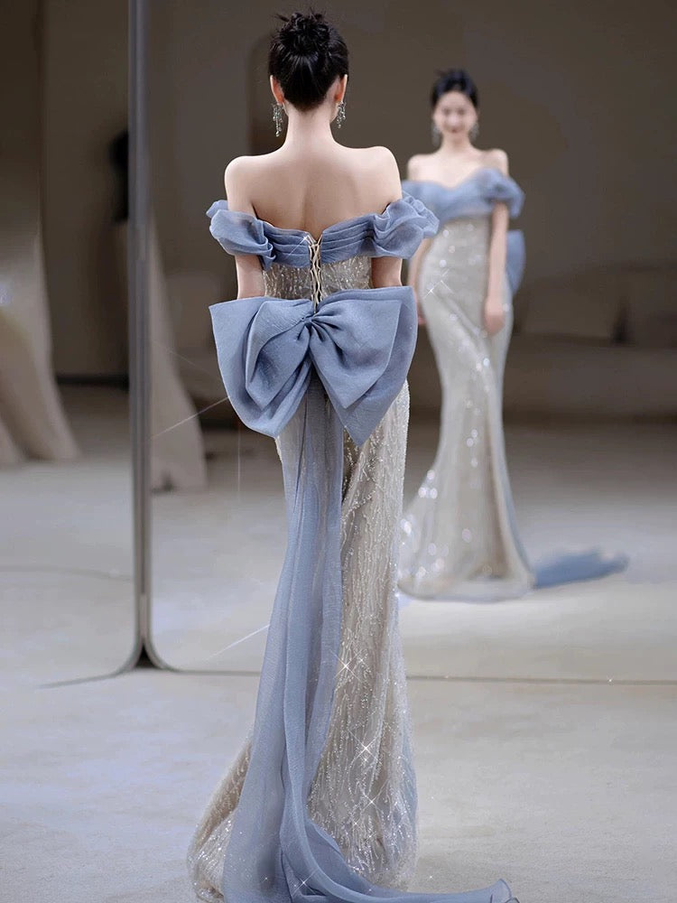 Classy Mermaid Off The Shoulder Blue Sequin Long Party Dress Prom Dresses