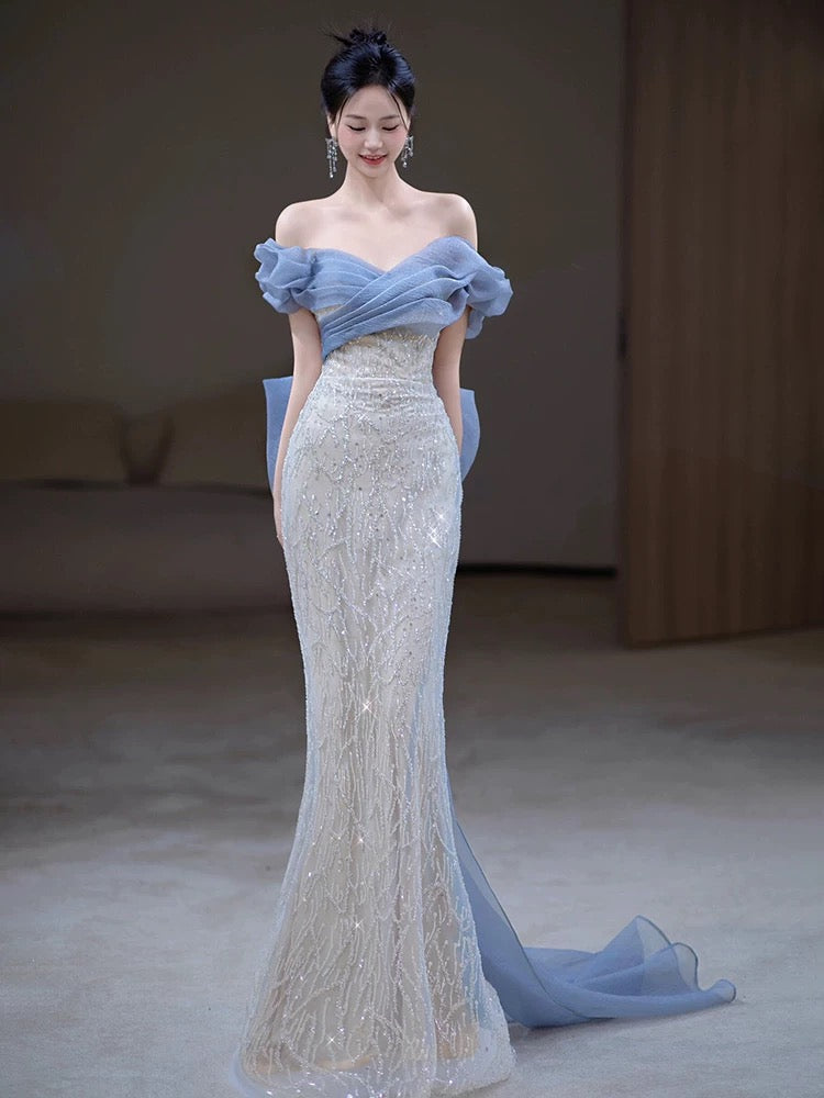 Classy Mermaid Off The Shoulder Blue Sequin Long Party Dress Prom Dresses