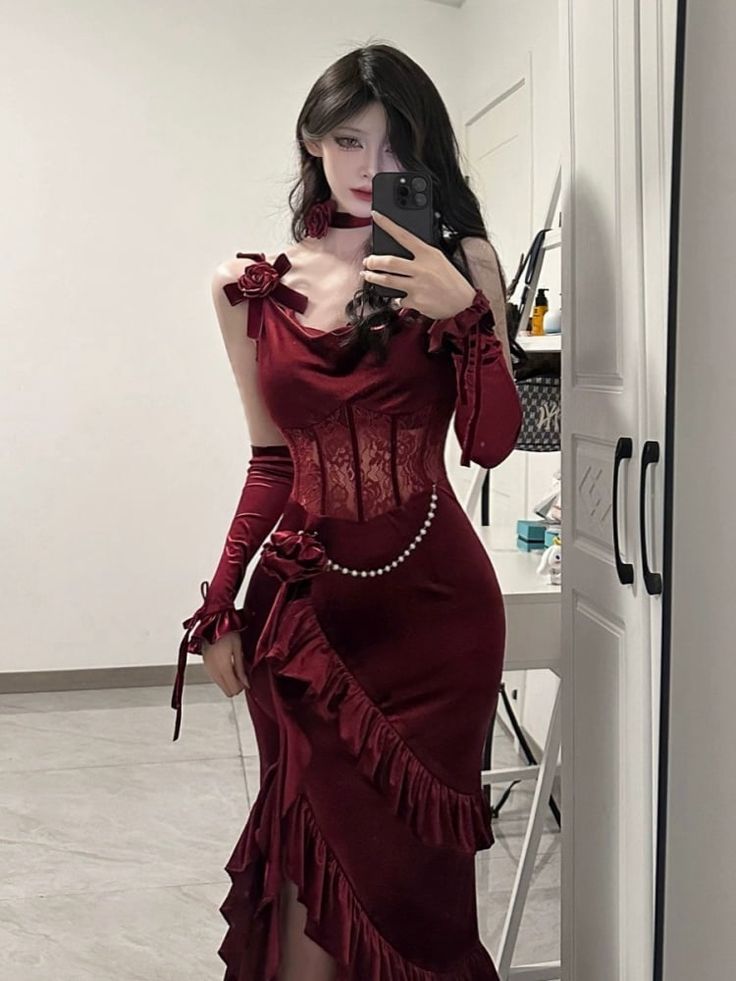 Sexy Mermaid Straps Burgundy Velvet Long Evening Gowns Prom Dresses