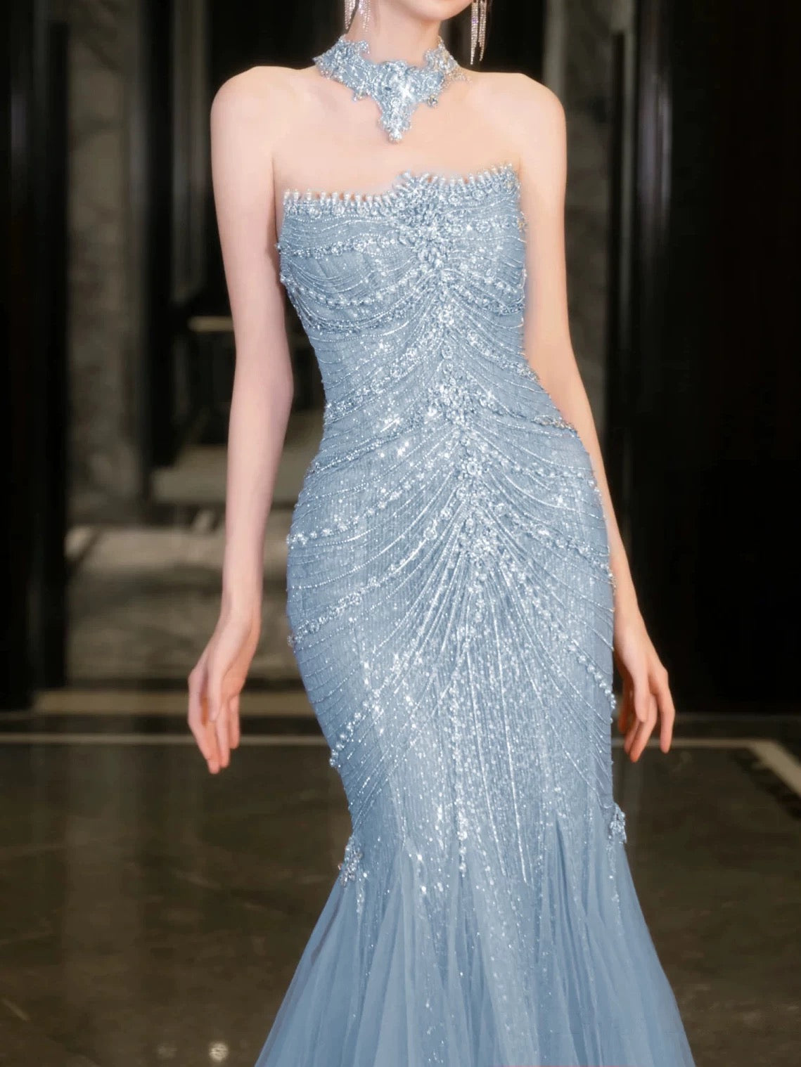 Classy Mermaid High Neckline Tulle Blue Beads Long Party Dress Prom Dresses