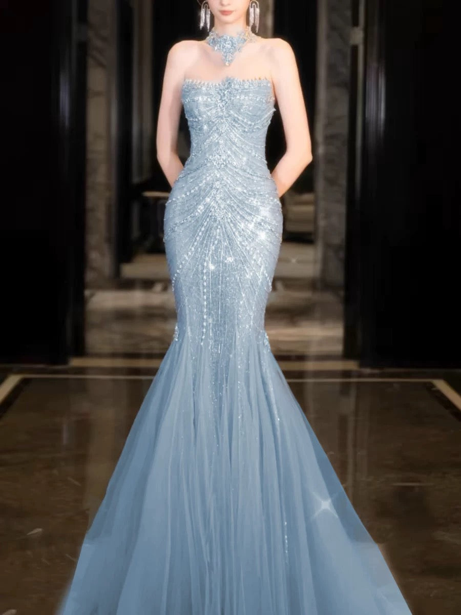 Classy Mermaid High Neckline Tulle Blue Beads Long Party Dress Prom Dresses