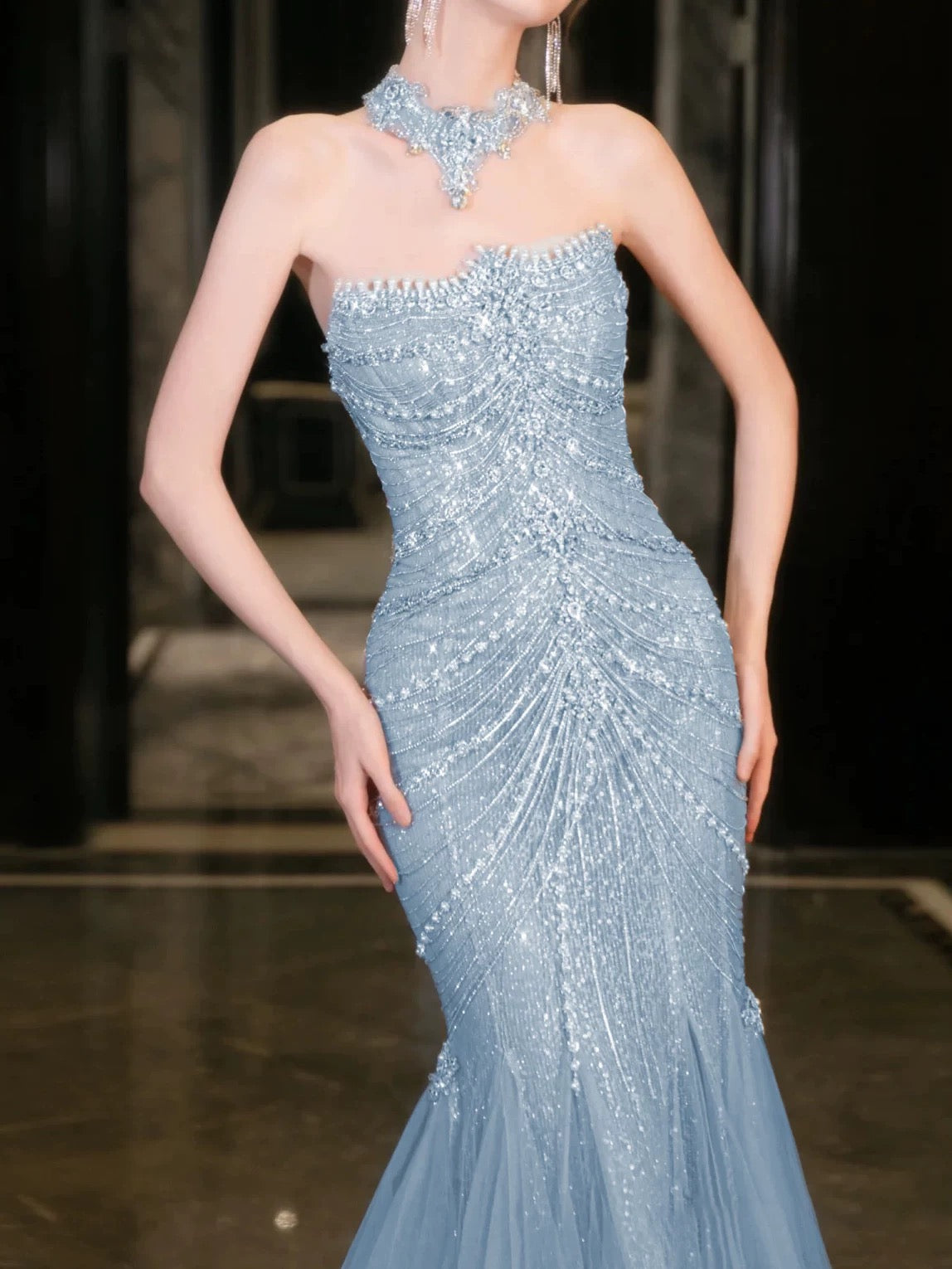 Classy Mermaid High Neckline Tulle Blue Beads Long Party Dress Prom Dresses