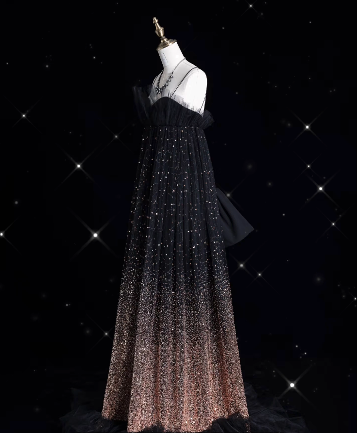 Aesthetic A line Spaghetti Straps Sequin Brown Long Evening Dress Prom Dresses