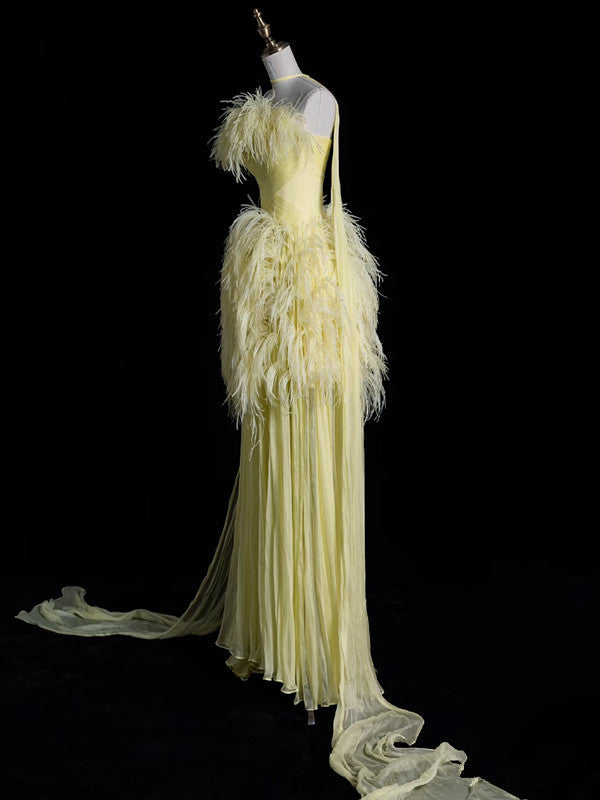 Aesthetic A line Off The Shoulder Yellow Chiffon Party Dress Long Prom Dress Evening Dresses