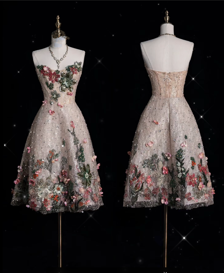 Aesthetic A Line Sweetheart Lace Floral Short Evening Dress Prom Dresses
