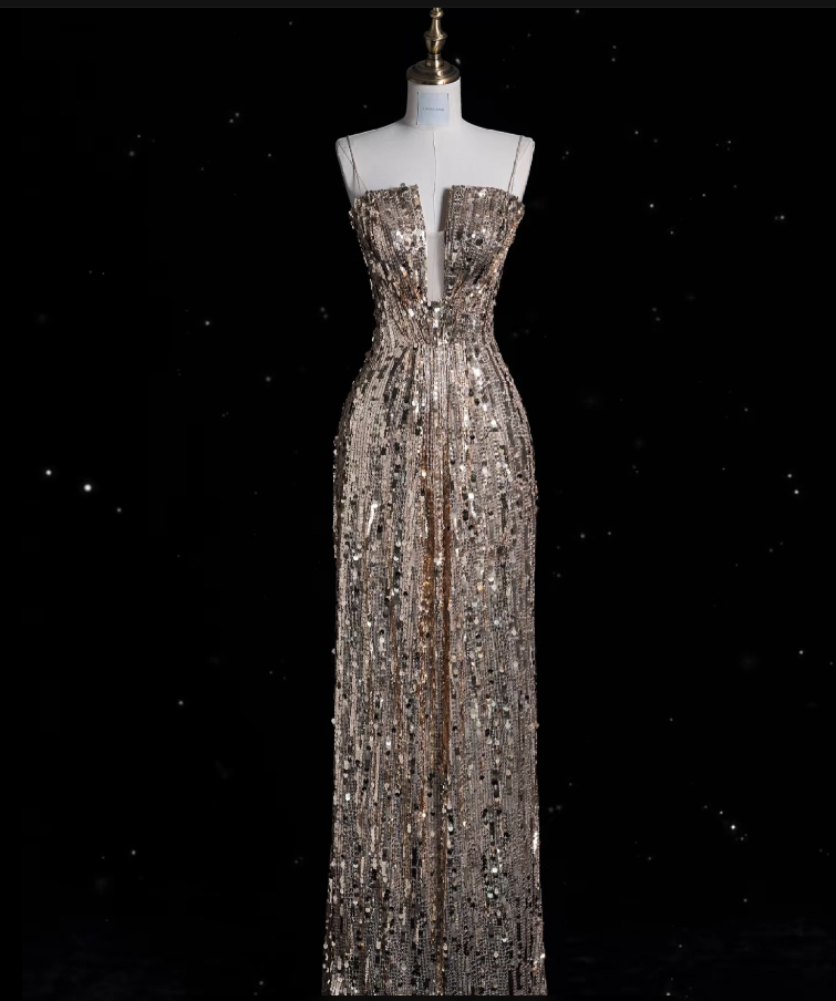 Aesthetic A line Spaghetti Straps Sequin Long Evening Dress Prom Dresses