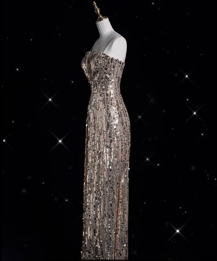 Aesthetic A line Spaghetti Straps Sequin Long Evening Dress Prom Dresses