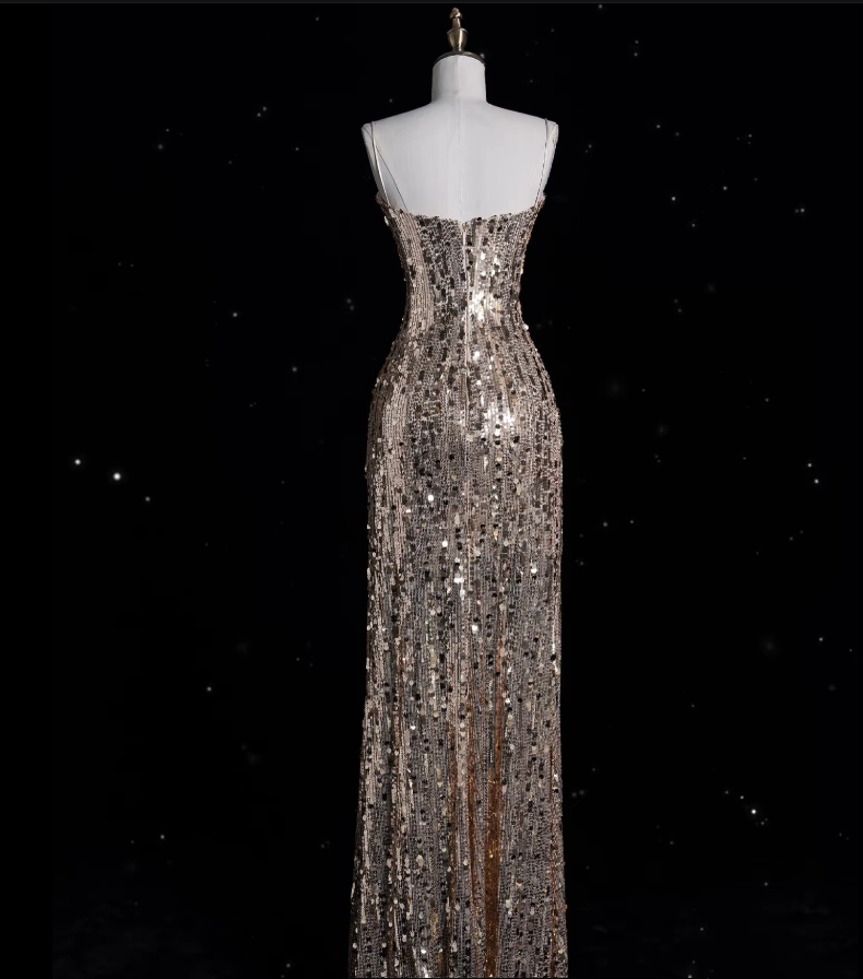 Aesthetic A line Spaghetti Straps Sequin Long Evening Dress Prom Dresses