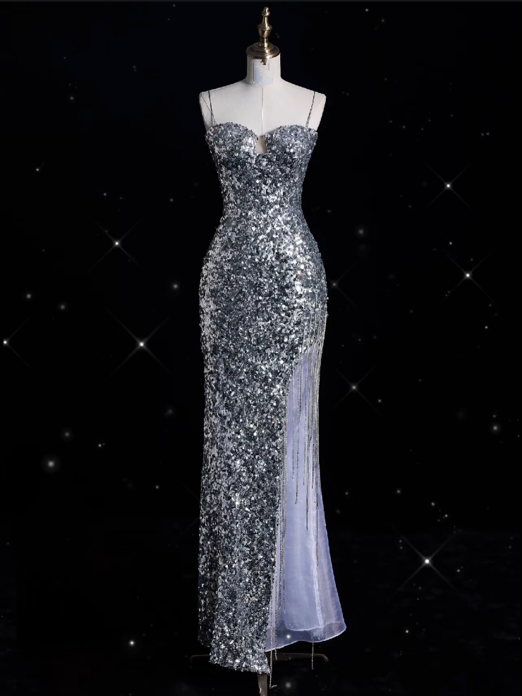 Aesthetic Sheath Spaghetti Straps Sequin Silver Long Evening Dress Prom Dresses