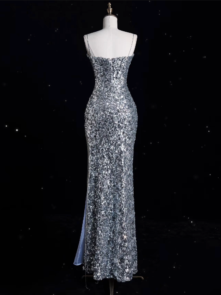 Aesthetic Sheath Spaghetti Straps Sequin Silver Long Evening Dress Prom Dresses
