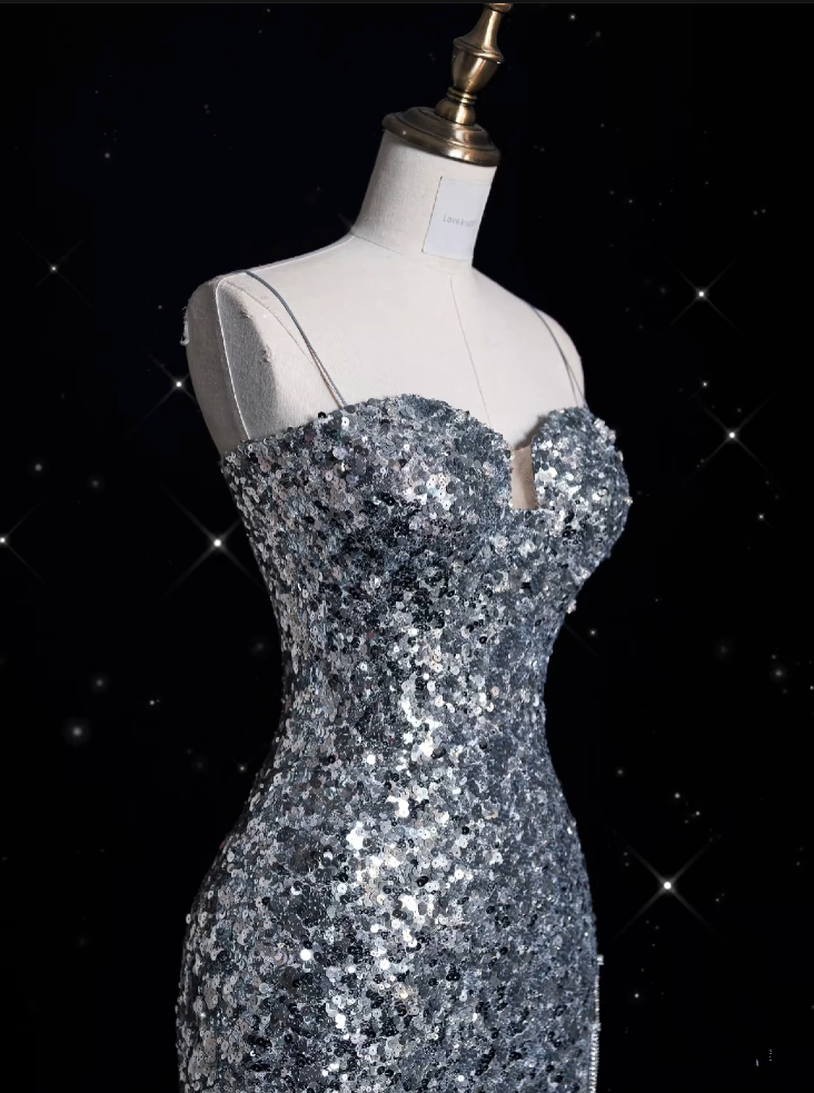 Aesthetic Sheath Spaghetti Straps Sequin Silver Long Evening Dress Prom Dresses
