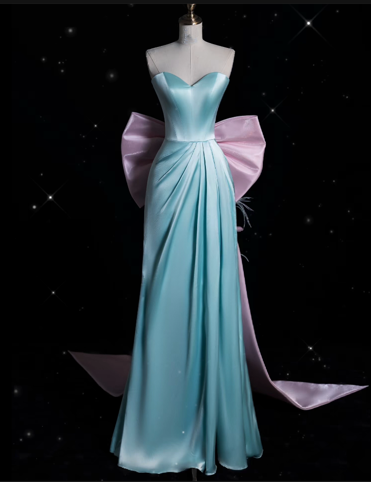 Modest A Line Sweetheart Blue Satin Party Dress Long Prom Dress Evening Dresses
