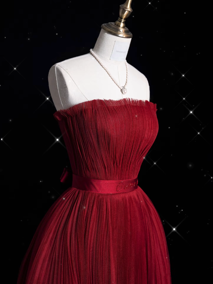 Modest A Line Strapless Burgundy Party Dress Long Prom Dress Evening Dresses
