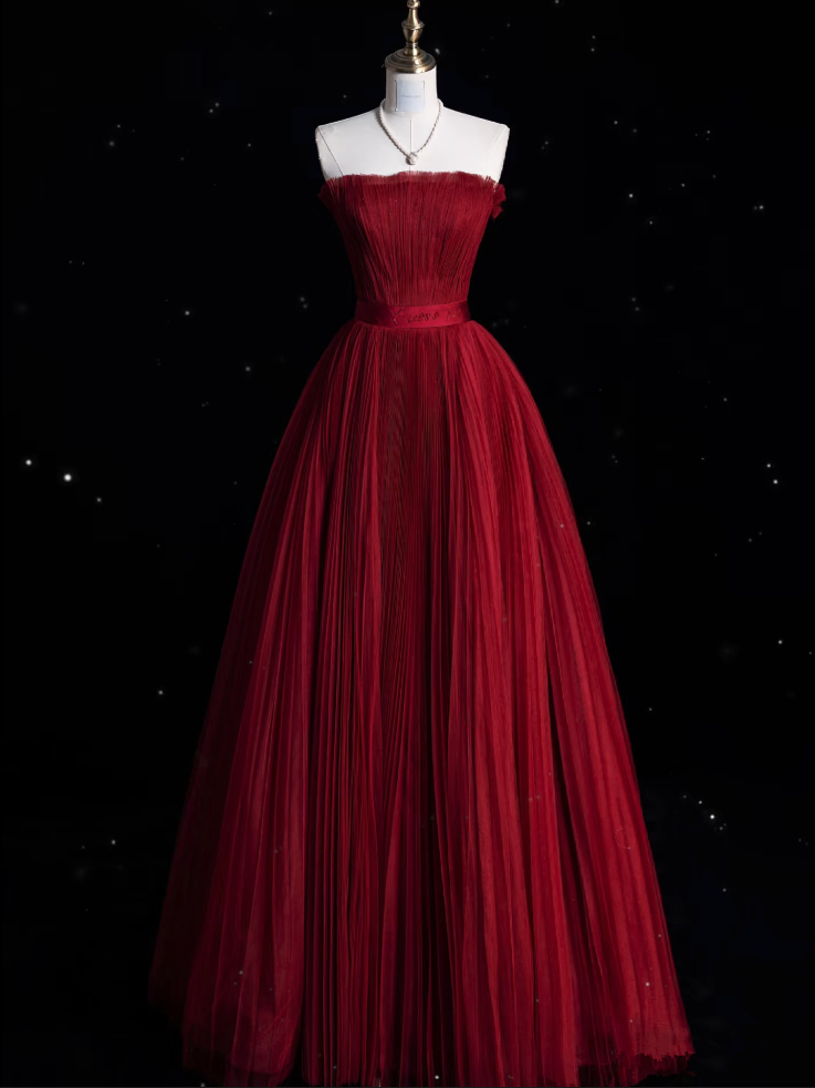 Modest A Line Strapless Burgundy Party Dress Long Prom Dress Evening Dresses