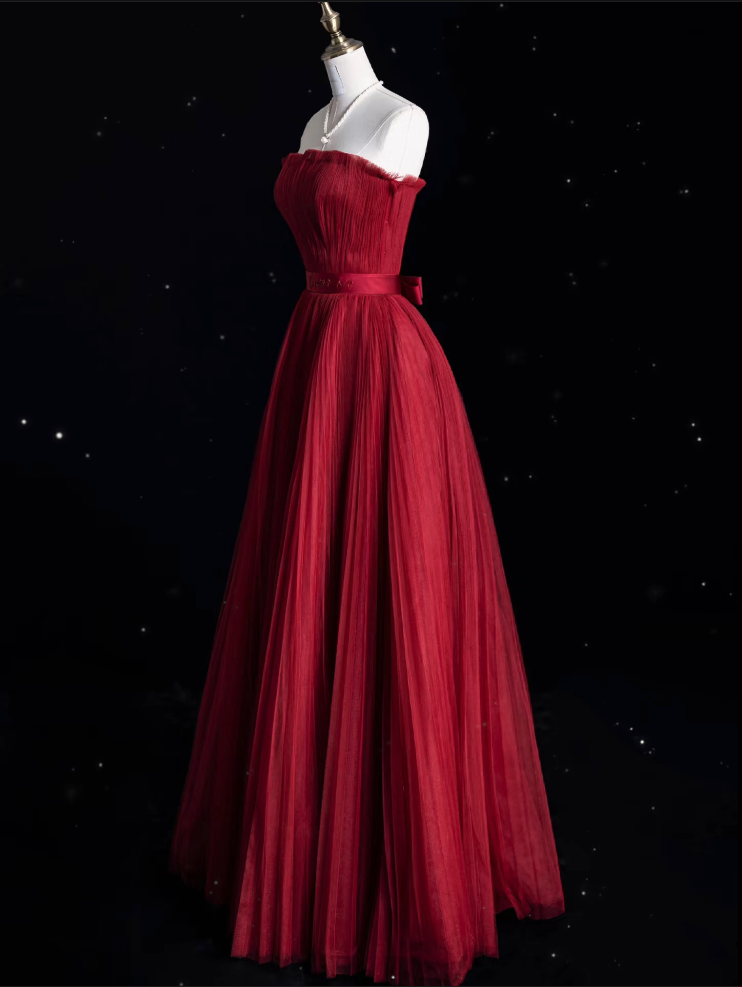 Modest A Line Strapless Burgundy Party Dress Long Prom Dress Evening Dresses