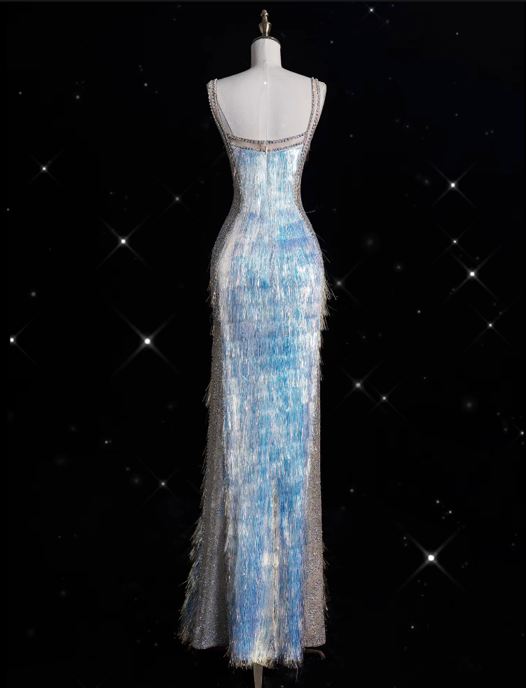 Modest Mermaid Straps Sequin Blue Party Dress Long Prom Dress Evening Dresses With Tassel